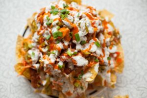 vegan nachos buffalo with queso at Spiral Diner Fort Worth