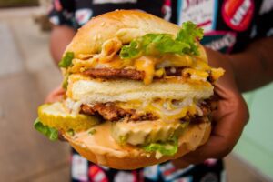 Vegan big mac burger at Spiral Diner