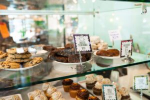 vegan bakery dessert case at Spiral Diner on Magnolia Ave