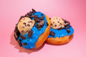 Vegan cookie monster donut made fresh at Spiral Diner